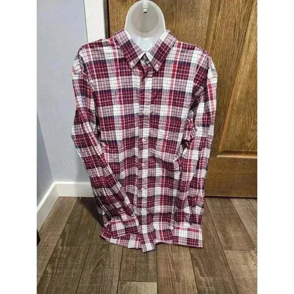Haggar Stretch Shirt Mens XL Plaid Long Sleeve Button Up Red White Navy Blue - Picture 1 of 6